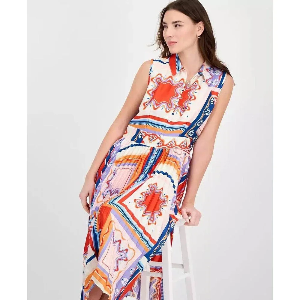 Tahari Women’s Printed Pleated Midi Shirtdress Como Tile Print 10 $138 NWT - Picture 3 of 10
